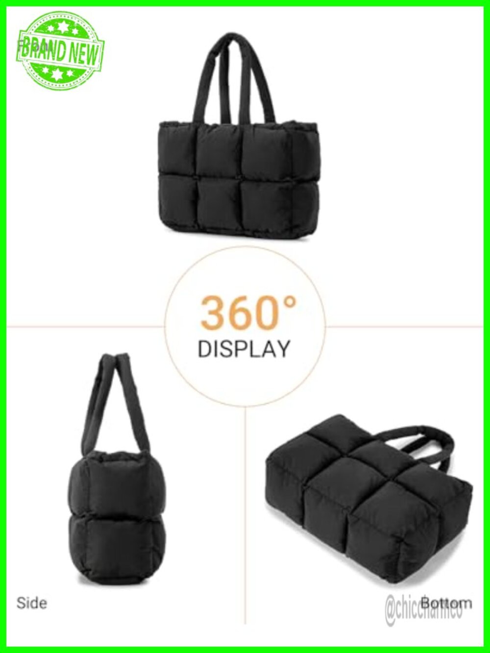 Puffer Tote Bag Puffy Nylon Shoulder Purse 15.6 Laptop Tumbler Holder - Picture 5 of 6